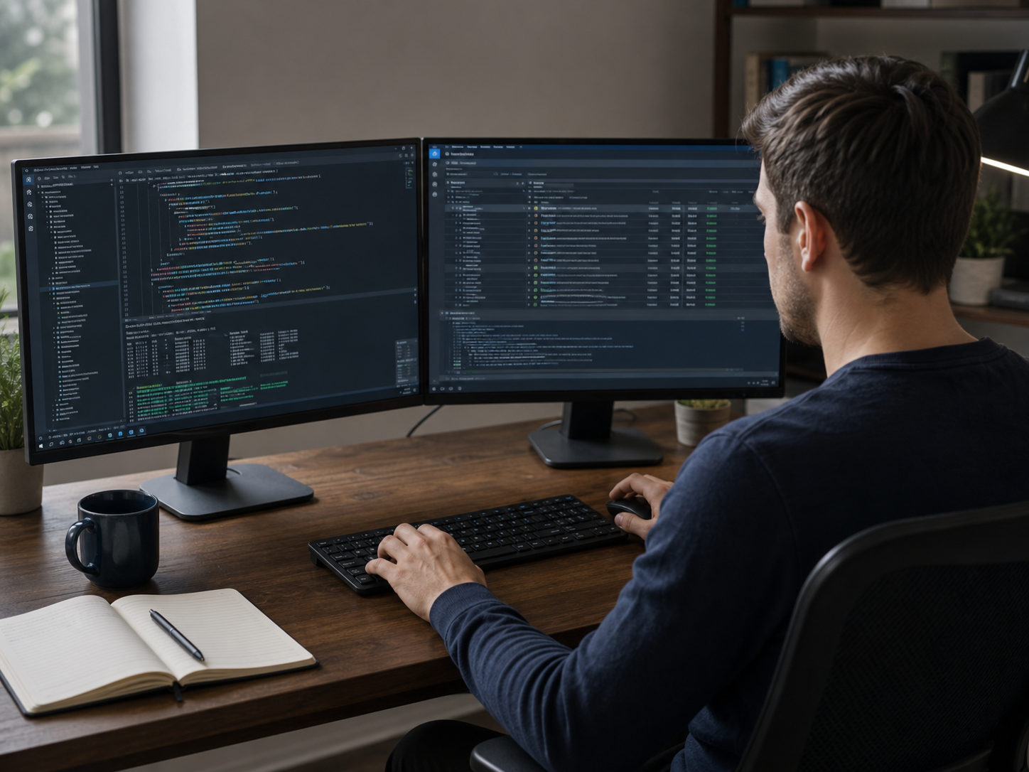 Un professionnel développe et vérifie un logiciel sur son poste de travail