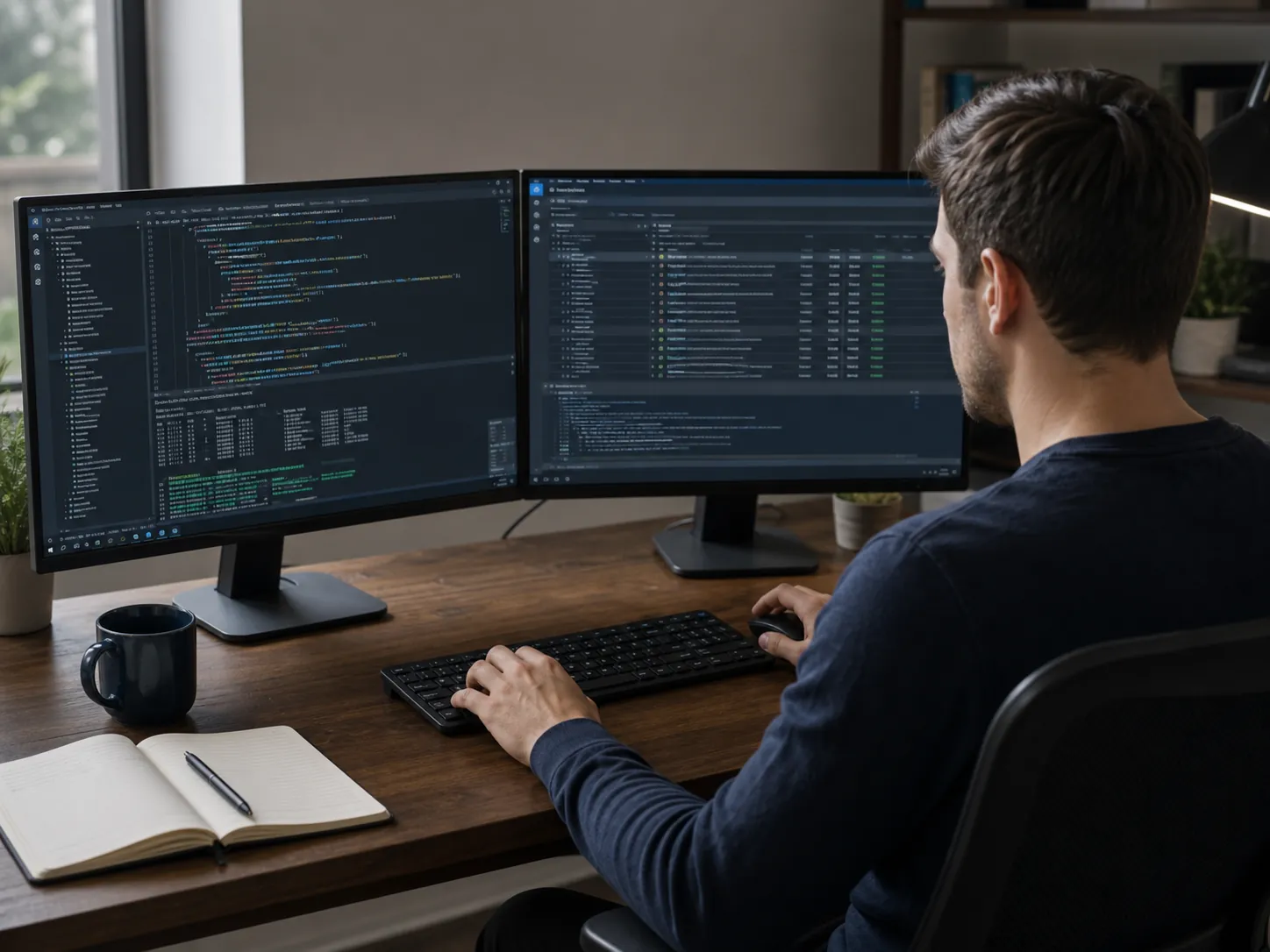 Un professionnel développe et vérifie un logiciel sur son poste de travail